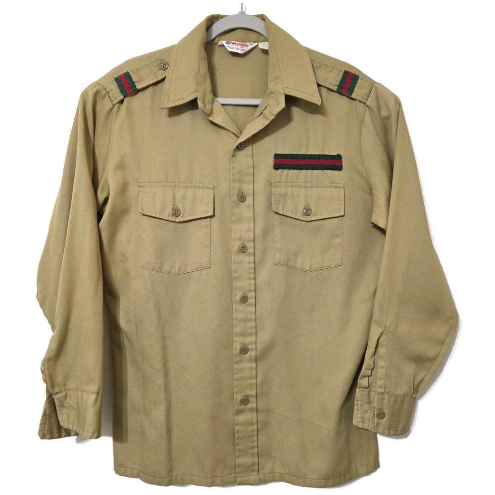 Vintage Wrangler Shirt Mens Large Beige Long Sleeve Button Military Epaulet